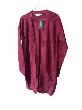 Bluenotes Open-Front Waffle Cardigan - Burgundy